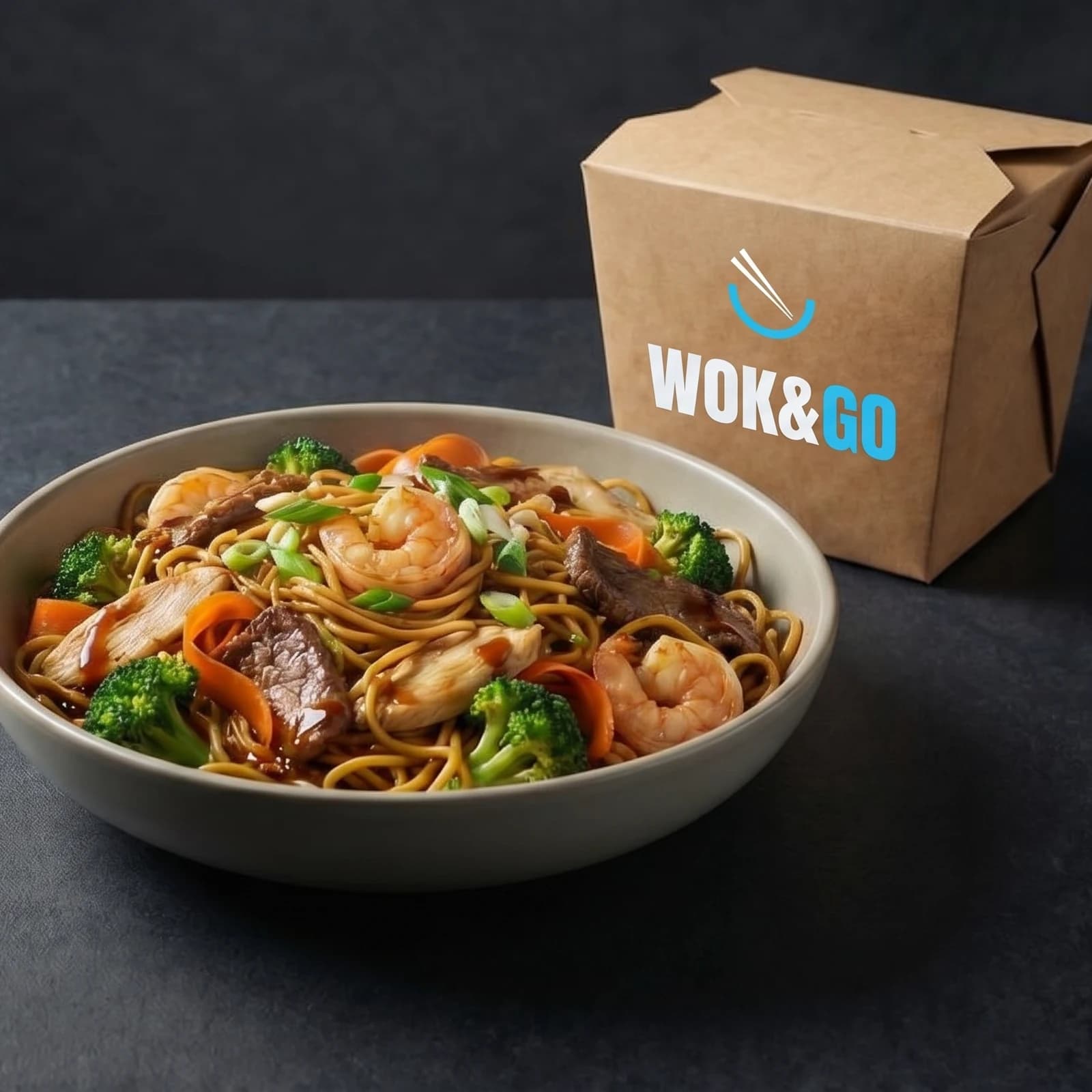 Wok & Go noodle bowl with branded takeaway box